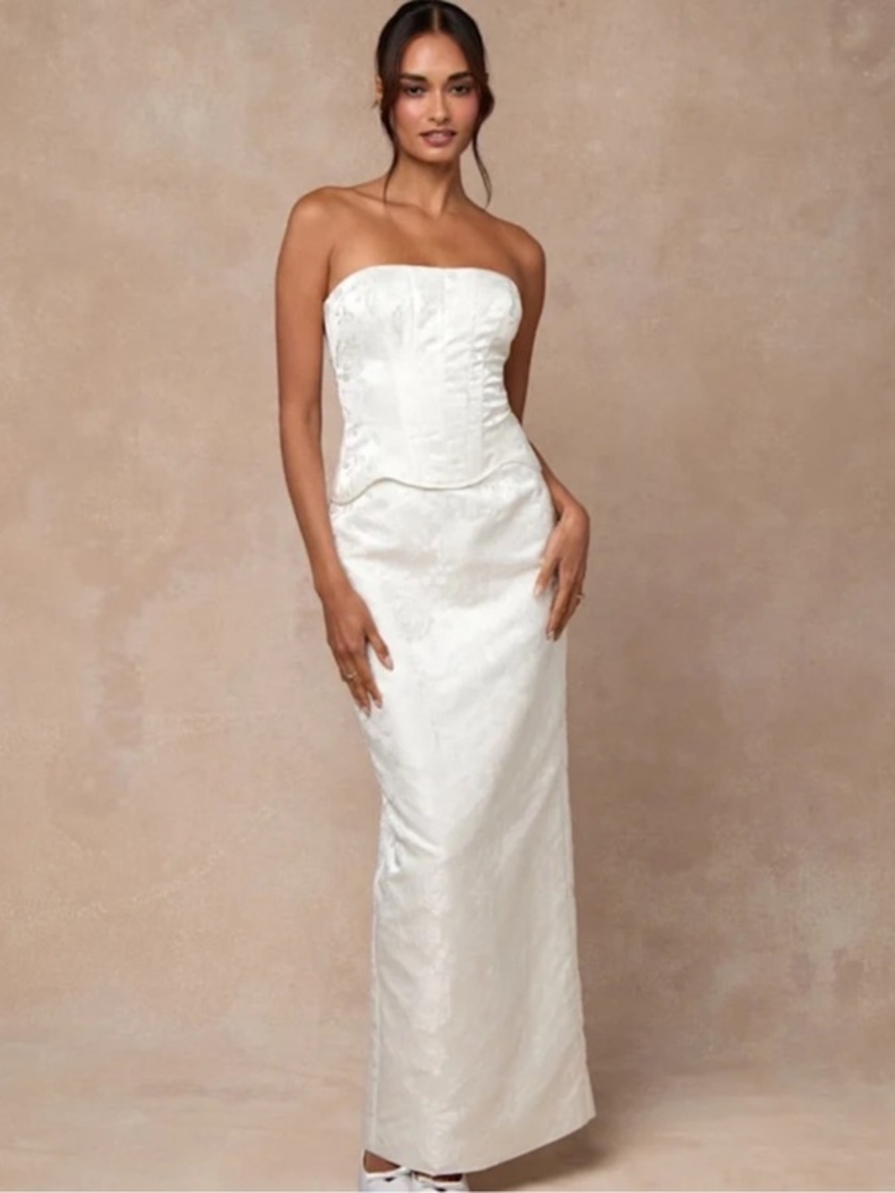 NWT Lulus Melva White Satin Jacquard Two-Piece Bustier Maxi Dress